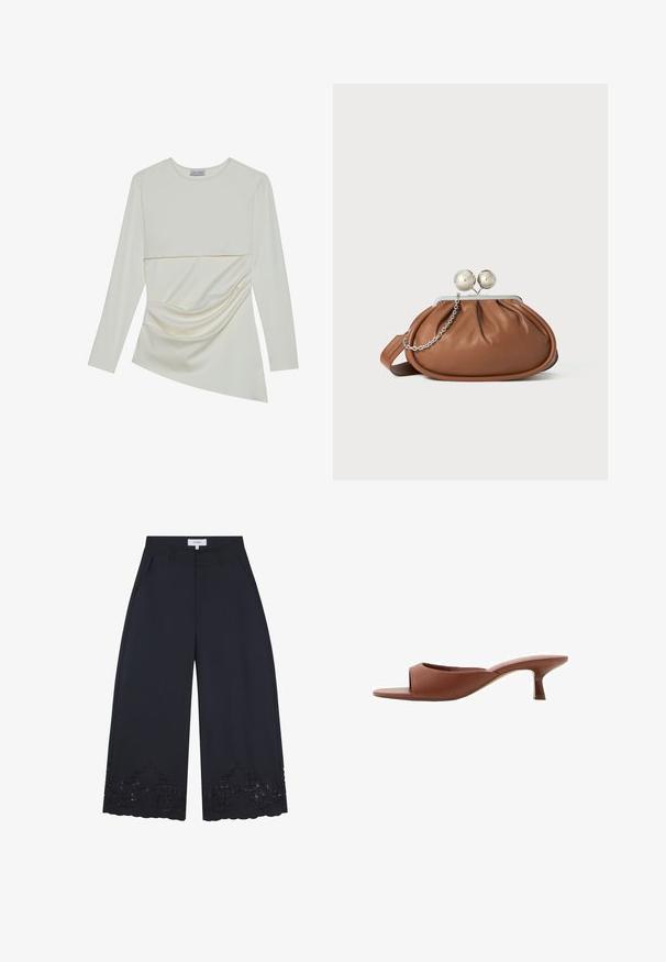 Lange mouw crème top met een ronde halslijn, voorzien van een gelaagd ontwerp en een gathered detail aan de onderkant. Zachte stof met een gladde textuur.; Wijdvallende broek van marineblauwe stof, met bloemenborduursels, decoratieve kantafwerking en zijzakken voor extra detail.; Bruine open teen hakschoenen met een gladde, matte afwerking, met een gebogen ontwerp en een transparante, taps toelopende hak.; Bruine leren clutch met een zilveren balsluiting en een klein zilveren kettingdetail op een witte achtergrond.