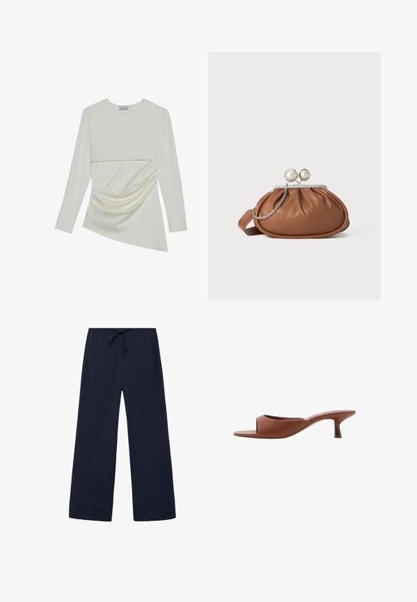 Lange mouw crème top met een ronde halslijn, voorzien van een gelaagd ontwerp en een gathered detail aan de onderkant. Zachte stof met een gladde textuur.; Marineblauwe wijde broek met een gestreept patroon, voorzien van een elastische tailleband met een trekkoord, zijzakken en een textuurstof.; Bruine open teen hakschoenen met een gladde, matte afwerking, met een gebogen ontwerp en een transparante, taps toelopende hak.; Bruine leren clutch met een zilveren balsluiting en een klein zilveren kettingdetail op een witte achtergrond.