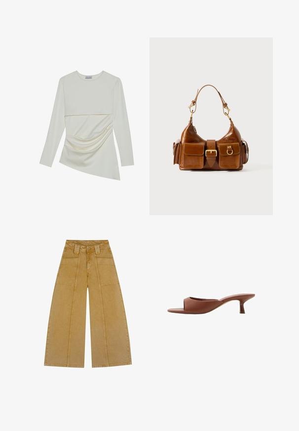 Lange mouw crème top met een ronde halslijn, voorzien van een gelaagd ontwerp en een gathered detail aan de onderkant. Zachte stof met een gladde textuur.; Wijduitlopende broeken in een lichte mosterdkleur, gemaakt van denim met een zachte textuur. Bevat twee voorzakken en een knoopsluiting.; Bruine open teen hakschoenen met een gladde, matte afwerking, met een gebogen ontwerp en een transparante, taps toelopende hak.; Bruine leren handtas met een gebogen vorm, dubbele gouden hardware, twee voorzakken en een brede schouderband. Soepele textuur met een elegante afwerking.