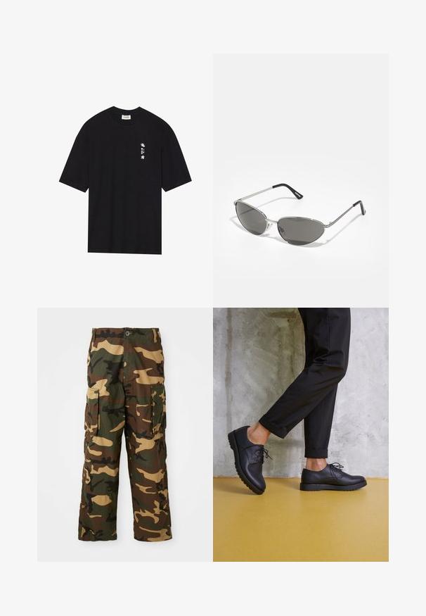 Sort bomulds T-shirt med korte ærmer, rund hals og et lille hvidt grafisk design på venstre side med tekst og blomster elementer.; Camouflage cargo bukser i grøn, brun og beige. Har to store sidelommer og en knaplukning. Lavet af tekstureret stof.; Sorte læder snørebåndssko med en rund tå, struktureret overflade og tyk gummisål. Båret med opklippede sorte bukser foran en betonbaggrund.; Solsikker med en slank, sølvmetalramme, gråtonede linser og et aerodynamisk design med spidse kanter og tynde arme.
