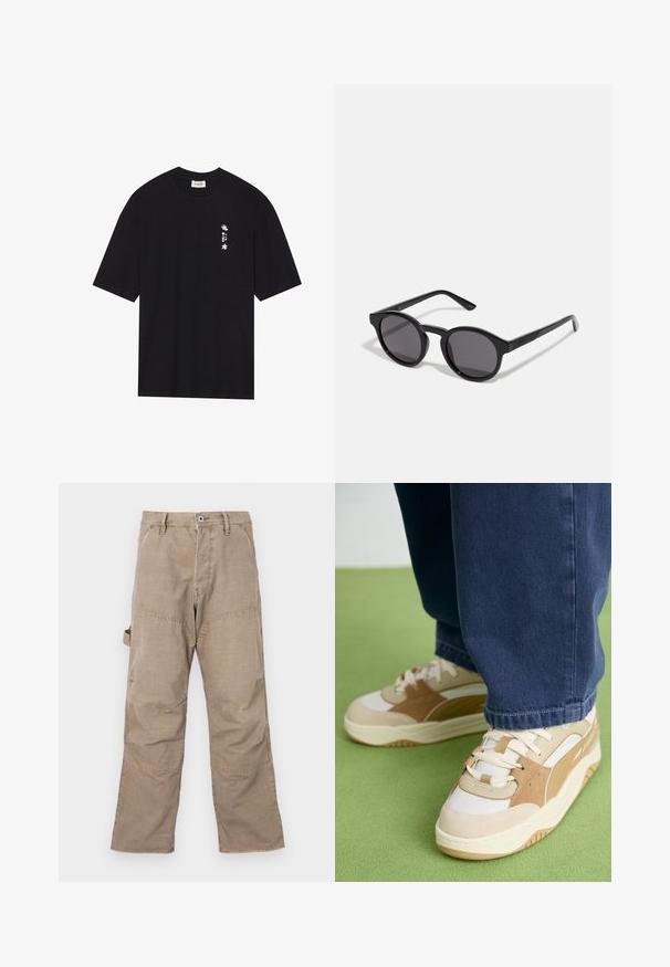 T-shirt en coton noir à manches courtes, col rond, avec un petit design graphique blanc sur le côté gauche comportant du texte et des éléments floraux.; Pantalons cargo marron avec des coutures visibles, jambes larges et quatre poches. Fabriqués en tissu robuste, avec une légère texture et une fermeture à bouton.; Sneakers beiges et blancs présentant une tige texturée, des accents en daim, une semelle épaisse et un système de laçage. Portés avec un pantalon en denim bleu.; Lunettes de soleil noires avec une monture ronde légèrement ondulée, verres foncés et branches noires droites. Fini lisse et brillant sans motifs visibles.; Sac en nylon noir en bandoulière avec une sangle adjustable, doté d'une fermeture à cordon et d'un logo en relief. Porté sur un t-shirt gris.
