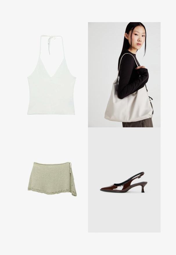 Hvid halterneck tanktop med en dyb V-udskæring. Lavet af et glat, let stof. Har justerbar snøring bagpå.; Strikket nederdel i lysegrøn med en bølget blondekant, justerbar snøring i siden og et struktureret materiale.; Brun patenteret læder slingback sko med spids tå og en moderat hæl. Har en spænde rem for en sikker pasform. Glat tekstur.; Beige håndtaske lavet af blødt materiale med et slouchy design, stikninger og to skulderremme. Velegnet til daglig brug.