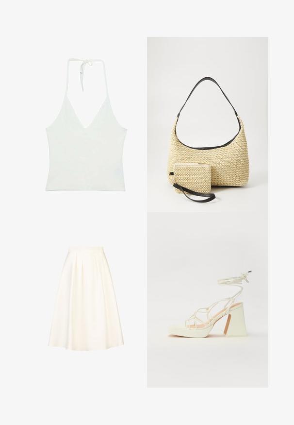 White halter neck tank top with a deep V-neckline. Made from a smooth, lightweight fabric. Features adjustable tie at the back.; A knee-length, pleated skirt in cream fabric with a smooth texture and a fitted waistband, designed for casual or formal wear.; White high-heeled sandal with a chunky heel, featuring a strappy design and ankle tie. Smooth texture with a platform front for added height.; Woven straw handbag with a curved silhouette, featuring a smooth black leather strap and a matching small pouch attached by a wrist strap.