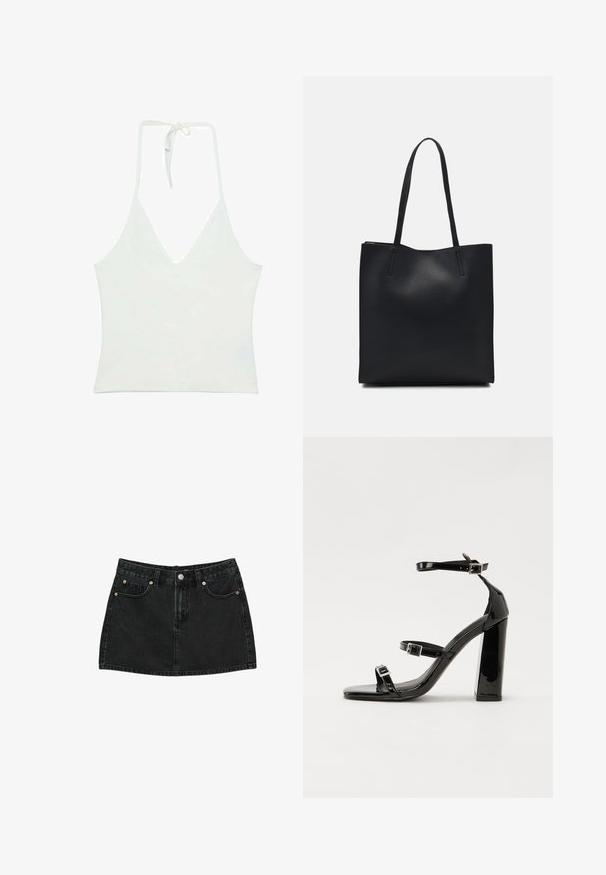 Débardeur blanc à col halter avec un décolleté en V profond. Fabriqué en tissu lisse et léger. Présente un lien ajustable à l'arrière.; Jupe mini en denim noir avec boutons sur le devant, passants de ceinture et deux poches avant avec rivets en cuivre, posée à plat sur un fond blanc.; Sandales à talons vernies noires avec un bout carré, des sangles autour de la cheville et des boucles en argent. Dotées d'un talon bloc épais pour plus de stabilité.; Sac fourre-tout en cuir noir avec une texture lisse, de forme rectangulaire et deux longues poignées. Pas de matériel ou d'ornementations visibles.
