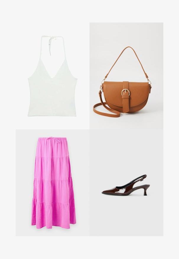 Witte halterneck tanktop met een diepe V-hals. Gemaakt van een gladde, lichte stof. Voorzien van een verstelbare strik aan de achterkant.; Lange, gelaagde rok in felroze, gemaakt van zachte, textuurrijke stof. Heeft een elastische tailleband met een trekkoord voor een verstelbare pasvorm.; Bruine gepatineerde leren slingback-schoen met een spitse neus en een gematigd hakje. Voorzien van een gespsluiting voor een veilige pasvorm. Glad van textuur.; Bruine leren schoudertas met een gebogen vorm, gouden hardware en een gespaccent. Bevat een afneembare schouderriem.