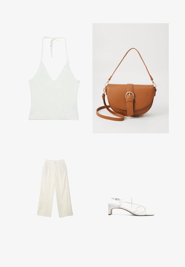 Biely halterneck top s hlbokým V-dekoltom. Vyrobený z hladkej, ľahkej textílie. Obsahuje nastaviteľné viazanie na chrbte.; Široké nohavice z krémovej látky s hladkou textúrou, s jedným predným gombíkom, jemnými skladmi a vysokým pásom.; Biele sandále na vysokom podpätku so štíhlym strapcom, štvorcovou špičkou a nízkym blokovým podpätkom. Hladký povrch s nastaviteľným detailom okolo členku.; Hnedá kožená kabelka cez telo s zakriveným tvarom, zlatými kovovými doplnkami a akcentom s prackou. Obsahuje odnímateľný ramenný popruh.
