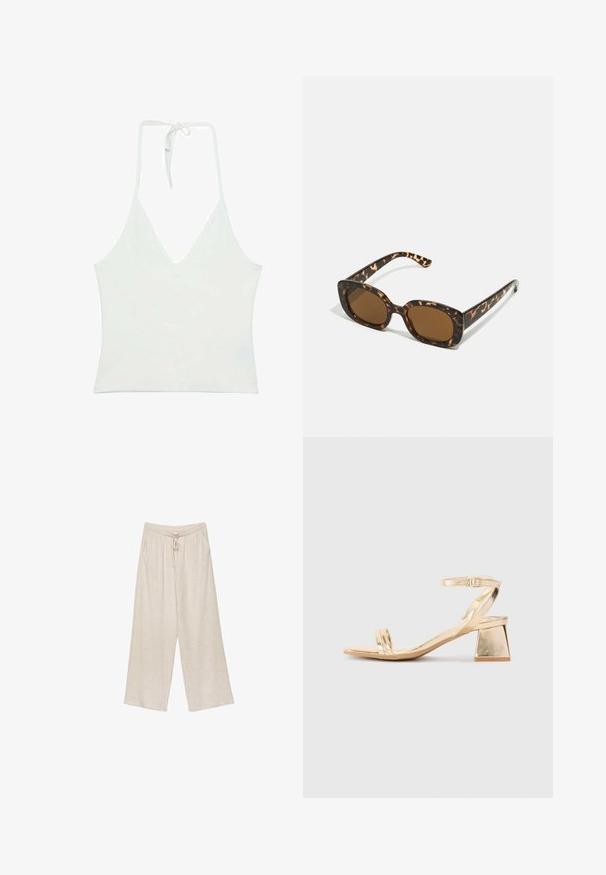 Bela halter top brez rokavov z globokim V-izrezom. Narejena iz gladkega, lahkega materiala. Ima nastavljivo vezanje na hrbtni strani.; Beige lanene široke hlače, z vzdolžno vrvico v pasu, dvema stranskima žepoma in rahlo teksturirano tkanino za zračnost in udobje.; Zlate metalne sandale na visoki petek z angularnim blok petkom, dvema trakoma nad stopalom in nastavljivim trakom za gleženj. Gladka tekstura.; Sončna očala iz kornjačine s poudarjenim, okroglim okvirjem in rjavimi lečami. Imajo subtilne vzorce in ravne, zožene ročke.; Tkaná slamnata torba v bež barvi s ukrivljeno obliko, kratko ročico in stranskim zadrgo. Ima teksturirano površino in minimalističen dizajn.