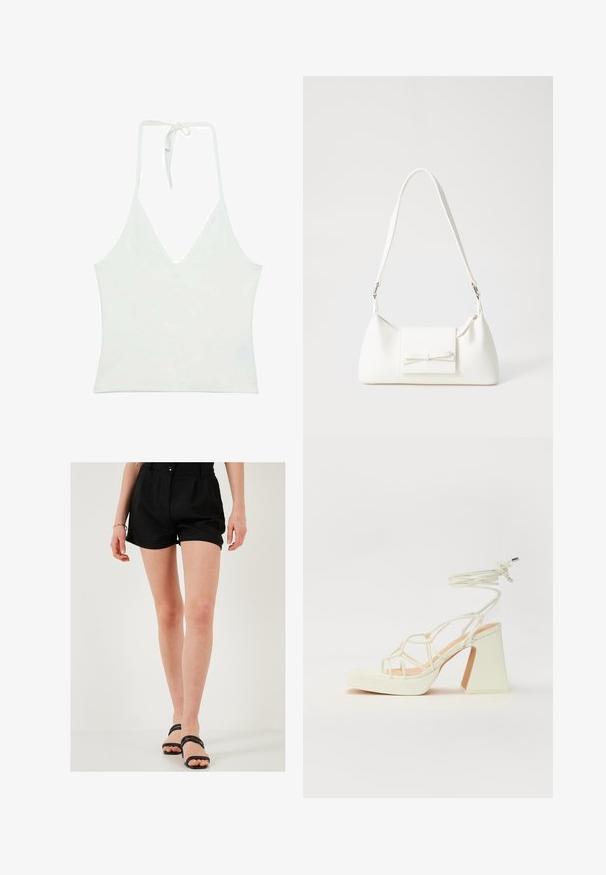 Top bianco con scollatura a V profonda e spalline a halter. Realizzato in un tessuto leggero e morbido. Presenta una chiusura regolabile con lacci sul retro.; Pantaloni di lino neri con vestibilità sartoriale, dotati di pince frontali e chiusura con un solo bottone. Abbinati a sandali neri slip-on.; Sandalo bianco con tacco alto, caratterizzato da un design a cinturini e un legaccio alla caviglia. Texture liscia con una piattaforma frontale per un'altezza aggiuntiva.; Borsa sintetica bianca a forma triangolare, con patta anteriore piatta e dettaglio a fiocco, tracolla regolabile, texture liscia e design minimalista.