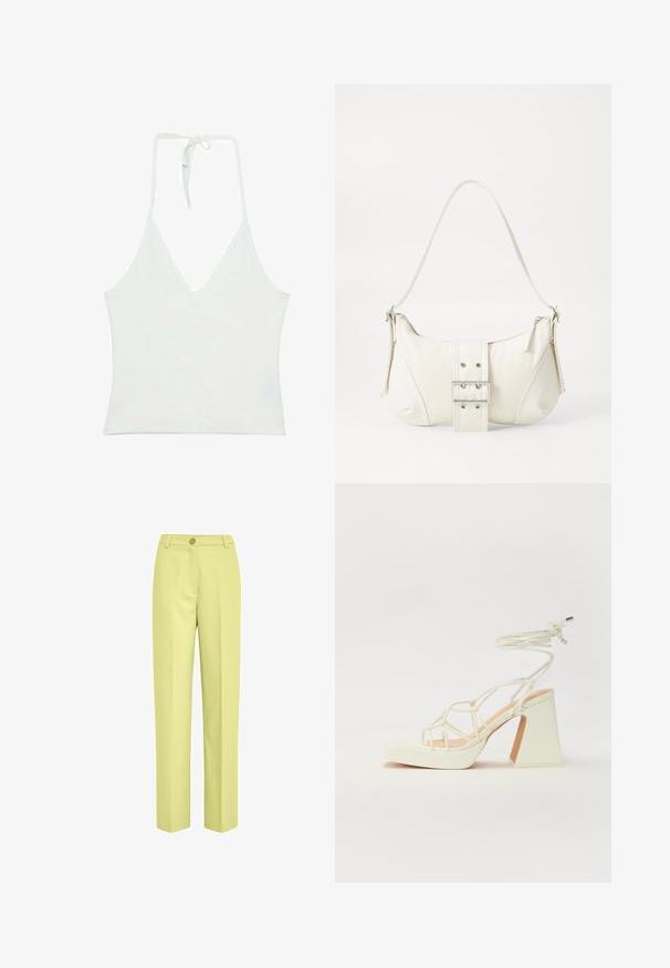 Bela halter top brez rokavov z globokim V-izrezom. Narejena iz gladkega, lahkega materiala. Ima nastavljivo vezanje na hrbtni strani.; Svetlo rumene široke hlače iz gladkega materiala, z enim gumbom za zapiranje in ravnim sprednjim dizajnom.; Bela sandala na visokih petah s debelim petam, ki ima obliko trakcev in vezanje okoli gležnja. Gladka tekstura z platformo spredaj za dodatno višino.; Bela torbica za rame z teksturirano površino, osrednjo sponko in ukrivljenim oblikovanjem. Zadrge na obeh straneh.