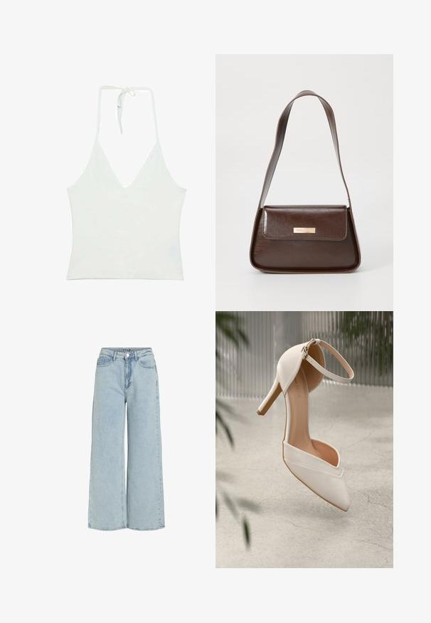 Vitt halternecklinne med djup V-ringning. Tillverkat av ett mjukt, lätt material. Har justerbar knytning i ryggen.; Ljusblå vida jeans av denim med hög midja, framfickor och knäppning. Har en urblekt struktur och rena linjer.; Vit högklackad sko i glatt material med spetstopp och ankelsnodd. Har en ljusbrun inredning och guldfärgad detaljer.; Brun läderaxelväska med en strukturerad form, som har en magnetisk klaffstängning och en metallisk logotypdetalj på framsidan.