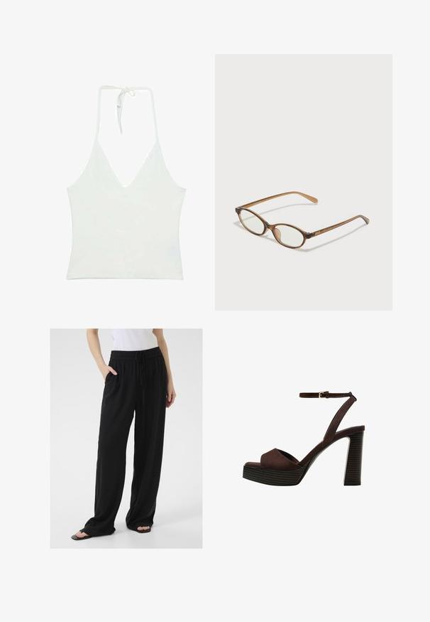 Bílý top na halter s hlubokým výstřihem do V. Vyrobený z hladké, lehké látky. Obsahuje nastavitelné zavazování na zádech.; Černé, volné kalhoty vyrobené z měkké tkaniny s elastickým pasem, nastavitelným šňůrkovým stahováním a bočními kapsami. Design s rozšířenými nohavicemi.; Hnědé semišové sandály na vysokém podpatku s otevřenou špičkou, nastavitelným páskem kolem kotníku a proužkovou platformou.; Hnědé želvovinové brýle s oválnými skly, tenkými bočními nohami a průhlednými akcenty. Obsahují decentní logo na stranu. Elegantní, lehký design.