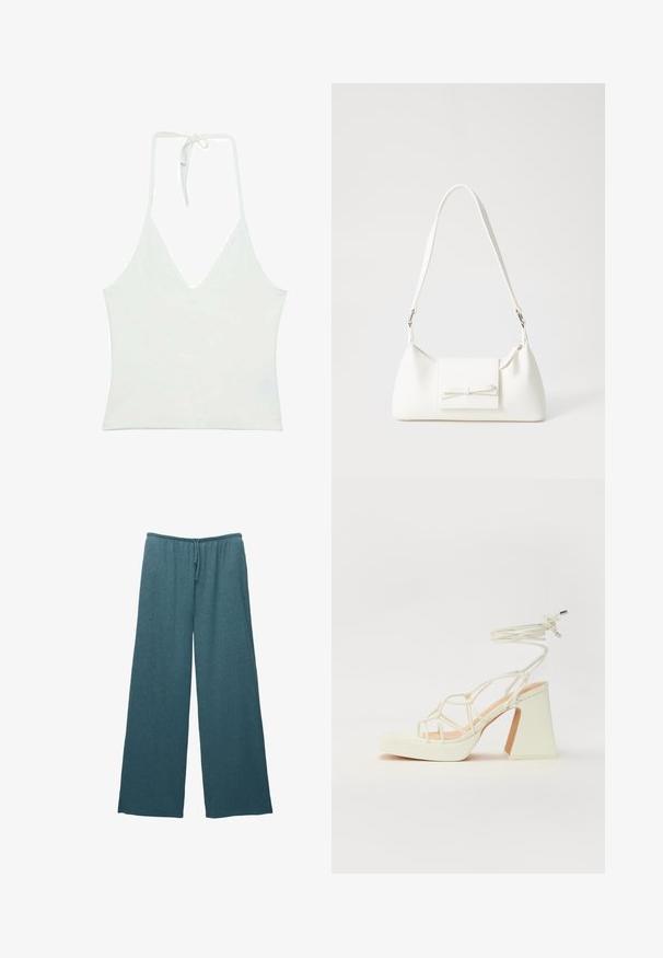 Biely halterneck top s hlbokým V-dekoltom. Vyrobený z hladkej, ľahkej textílie. Obsahuje nastaviteľné viazanie na chrbte.; Tyrkysové široké nohavice vyrobené z textúrovaného pleteného materiálu, s elastickým pásom a šnúrkou na úpravu.; Biele sandále na vysokom opätku s hrubým podpätkom, s pruhovaným dizajnom a viazaním na členku. Hladký povrch s platformou vpredu pre zvýšenú výšku.; Biela syntetická kabelka s trojuholníkovým tvarom, plochým predným klapkou a detailom mašle, nastaviteľným popruhom, hladkou textúrou a minimalistickým dizajnom.