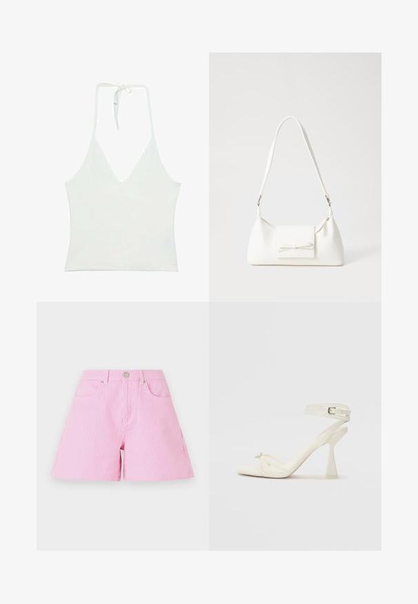Bílý top na halter s hlubokým výstřihem do V. Vyrobený z hladké, lehké látky. Obsahuje nastavitelné zavazování na zádech.; Růžovo-bílé pruhované šortky s knoflíkovým a zipovým zapínáním, mají přední kapsy a volný střih. Bavlněná tkanina, hladká textura.; Bílé kožené sandály na vysokém podpatku s tenkými řemínky, elegantním designem, průhledným blokovým podpatkem a dekorativním prvkem na špičce.; Bílá syntetická kabelka v trojúhelníkovém tvaru, s plochým předním klopným víkem a detailem mašle, nastavitelným popruhem, hladkým povrchem a minimalistickým designem.