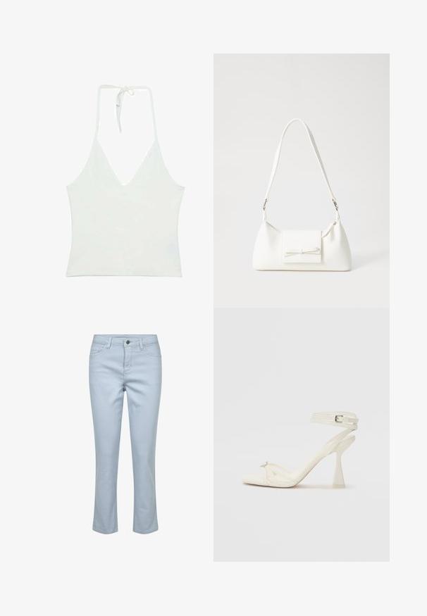 Biały top na halter z głębokim dekoltem w kształcie litery V. Wykonany z gładkiego, lekkiego materiału. Posiada regulowane wiązanie z tyłu.; Jasnoniebieskie dżinsy z klasycznym pięciokieszeniowym wzorem, prostą nogawką oraz zamkiem błyskawicznym z zapięciem na guzik.; Białe skórzane sandały na wysokim obcasie z paskami, o smukłym wyglądzie, z przezroczystym słupkiem i ozdobnym elementem na palcach.; Biała syntetyczna torba o trójkątnym kształcie, płaskim przednim klapce i detalach w postaci kokardy, regulowanym pasku, gładkiej fakturze oraz minimalistycznym designie.