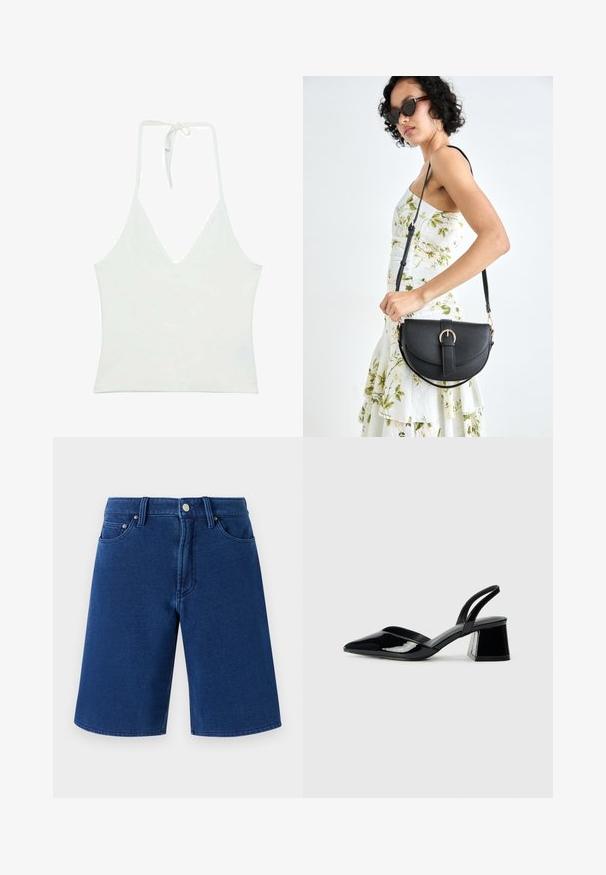 Top bianco con scollatura a V profonda e spalline a halter. Realizzato in un tessuto leggero e morbido. Presenta una chiusura regolabile con lacci sul retro.; Shorts in denim blu con taglio dritto, design a cinque tasche e vita visibile con bottone metallico e passanti per cintura.; Décolleté in vernice nera con punta affusolata e tacco in geometria cubica. Presentano un design elegante e minimalista, con una texture liscia.; Borsa a tracolla nera in pelle con una forma curva, manico rimovibile e accessori dorati. La borsa presenta una patta con un dettaglio a fibbia.