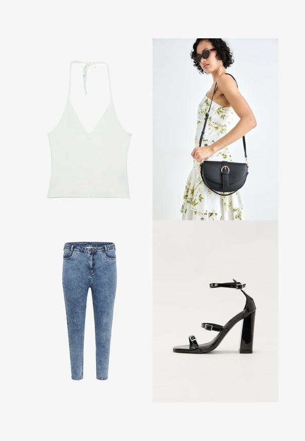 Bílý top na halter s hlubokým výstřihem do V. Vyrobený z hladké, lehké látky. Obsahuje nastavitelné zavazování na zádech.; Modré džíny skinny s vysokým pasem, pěti kapsami a zipovým zapínáním. Tkanina má jemně vybledlý vzhled s kontrastním šitím.; Černé lakované sandály na vysokém podpatku se dvěma pásky se sponami, čtvercovou špičkou a robustním blokovým podpatkem, s hladkou, lesklou texturou.; Černá kožená kabelka s křivkovým tvarem, odnímatelným popruhem a zlatými detaily. Kabelka má klopu s přezkou.