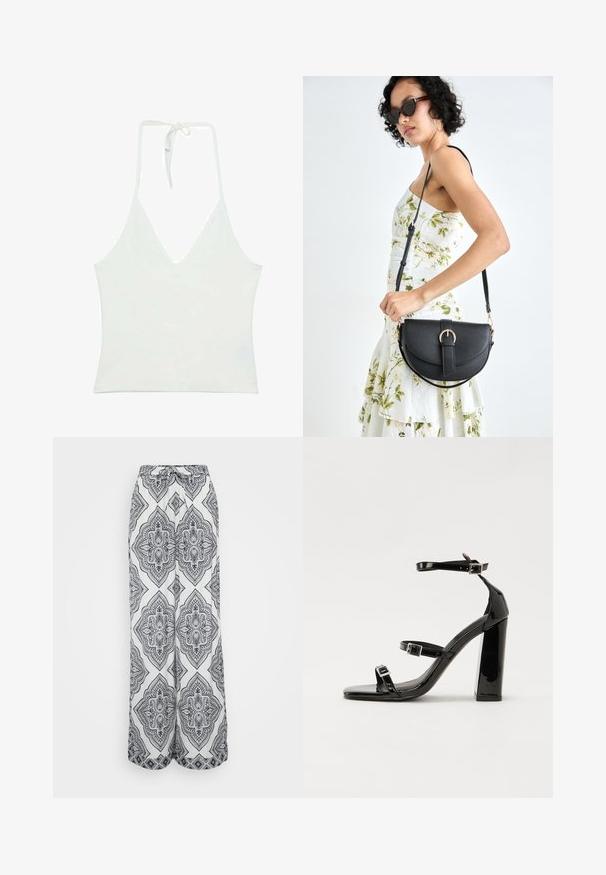 Biely halterneck top s hlbokým V-dekoltom. Vyrobený z hladkej, ľahkej textílie. Obsahuje nastaviteľné viazanie na chrbte.; Široké nohavice v čierno-bielom geometrickom vzore. Majú elastický pás so šnúrkou, ľahký materiál a voľný strih.; Čierne lakované sandále na podpätku so štvorcovou špičkou, navlečenými remienkami okolo členku a striebornými prackami. Disponujú masívnym blokovým podpätkom pre stabilitu.; Čierna kožená kabelka s zaobleným tvarom, odnímateľným popruhom a zlatými doplnkami. Kabelka má klopu s detailom s prackou.