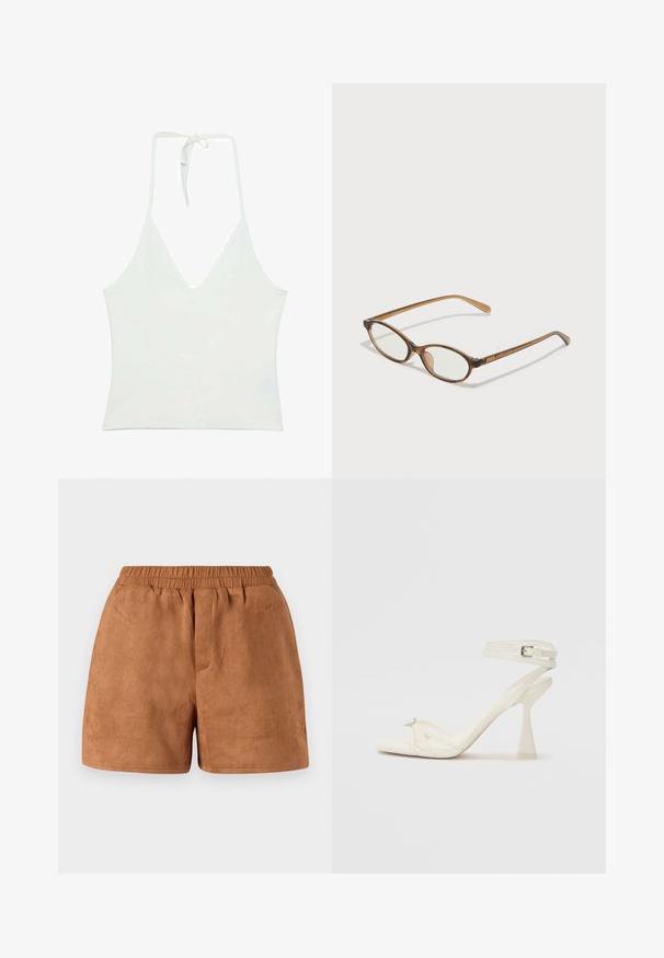 Biały top na halter z głębokim dekoltem w kształcie litery V. Wykonany z gładkiego, lekkiego materiału. Posiada regulowane wiązanie z tyłu.; Brązowe szorty z zamszu z elastycznym pasem, o swobodnym kroju i gładkiej fakturze. Prosty design, odpowiednie do codziennego noszenia.; Białe skórzane sandały na wysokim obcasie z paskami, o smukłym wyglądzie, z przezroczystym słupkiem i ozdobnym elementem na palcach.; Brązowe okulary w motyle z owalnymi soczewkami, cienkimi ramionami i przezroczystymi akcentami. Posiadają subtelne logo na zauszniku. Smukły, lekki design.; Biała torebka o strukturalnym kształcie z krótkimi uchwytami i paskiem na ramię, z złotymi akcentami i teksturowanym materiałem, prezentowana na szarym tle.
