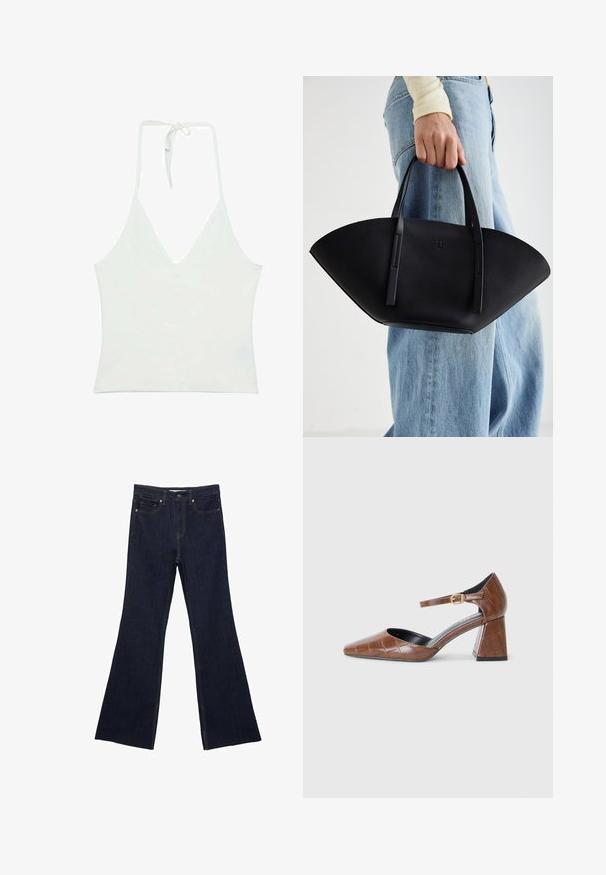 Valkoinen naruolkaiminen toppi syvällä V-pääntiellä. Valmistettu sileästä, kevyestä kankaasta. Varustettu säädettävällä solmulla takana.; Tummansiniset farkkukellot, joissa on perinteinen viiden taskun muotoilu ja näkyvät saumat. Kangas on sileää tekstuuria ja siinä on vain vähän kulumista.; Ruskeat patenttivinyylikorkokengät, joissa on neliömäinen kärki, teksturoitu krokotiilihahmo, nilkkaremmi kultaisella soljella ja paksu korko.; Musta nahkainen käsilaukku, jossa on ainutlaatuinen tuulihattukuvio, jossa on litteät kahvat. Pinnassa on karkeapintainen rakenne ja minimalistinen muotoilu.