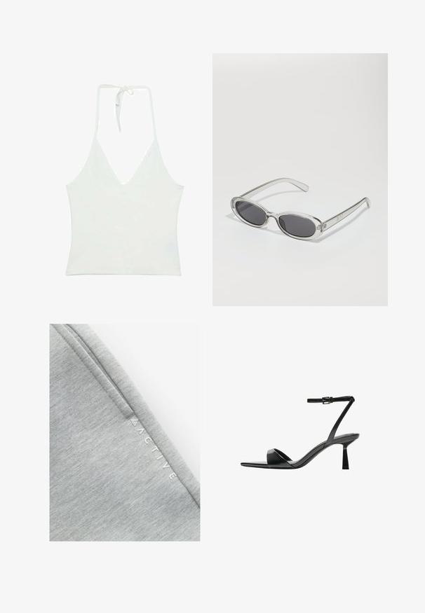 Biały top na halter z głębokim dekoltem w kształcie litery V. Wykonany z gładkiego, lekkiego materiału. Posiada regulowane wiązanie z tyłu.; Szary materiał sportowy z gładką, teksturowaną powierzchnią oraz subtelnym melanżowym wzorem. Na boku znajduje się nadrukowane słowo "ACTIVE" w kolorze białym.; Bershka - Sandały na obcasie; Okulary przeciwsłoneczne w owalnym kształcie, z przezroczystą plastikową oprawą, ciemnoszarymi soczewkami oraz cienkimi przezroczystymi ramionami z akcentami logo i minimalnymi detalami.; Czarna torebka z lakierowanej skóry o zaokrąglonym kształcie, z jednym paskiem na ramię, przednimi kieszeniami i akcentami w kolorze srebrnym.