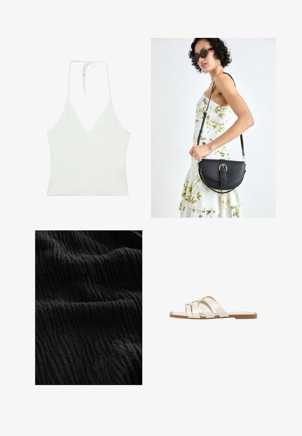 Biały top na halter z głębokim dekoltem w kształcie litery V. Wykonany z gładkiego, lekkiego materiału. Posiada regulowane wiązanie z tyłu.; Czarna teksturowana tkanina o pomarszczonej powierzchni, z wyraźnymi liniami i różnicami w głębokości, co sugeruje miękki materiał.; Płaskie sandały z brązową gumową podeszwą, zaprojektowane z trzema nakładającymi się na siebie białymi skórzanymi paskami i małym detalem w postaci kokardy na środku.; Czarna skórzana torebka o zakrzywionym kształcie, z odpinanym paskiem i złotymi akcentami. Torebka posiada klapę z zapięciem w kształcie klamry.