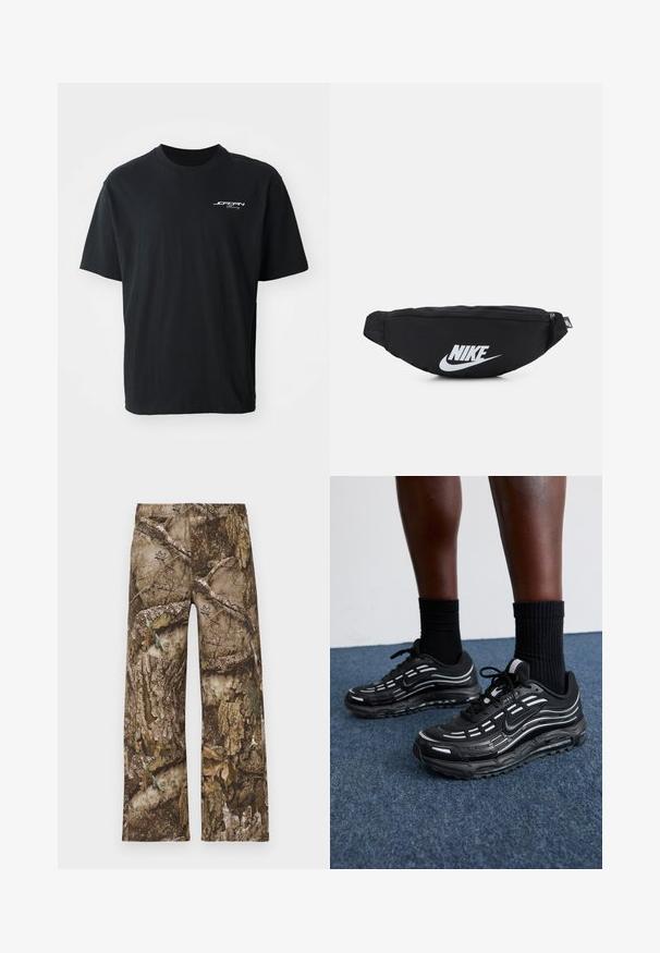 Melnas kokvilnas T-krekls ar apaļu kakla izgriezumu, īsām piedurknēm, brīvu piegriezumu un baltu logo tekstu kreisajā krūšu daļā. Bez rakstiem vai aksesuāriem.; Kafijas krāsas kamuflāžas drukas bikses ar platu kāju dizainu un elastīgu jostasvietu. Materiāls līdzīgs teksturētai koku mizai ar lapu akcentiem.; Melni Nike apavi ar sietveida augšdaļu, akcentējošām svītrām, teksturētām šņorēm un melnu gumijas zoli. Valkāti ar melniem ribota auduma zeķēm.; Melnas neilona jostas somiņa ar rāvējslēdzēja aizdari, kurai ir liels balts Nike logo. Gluda tekstūra un ergonomisks dizains ērtai valkāšanai.