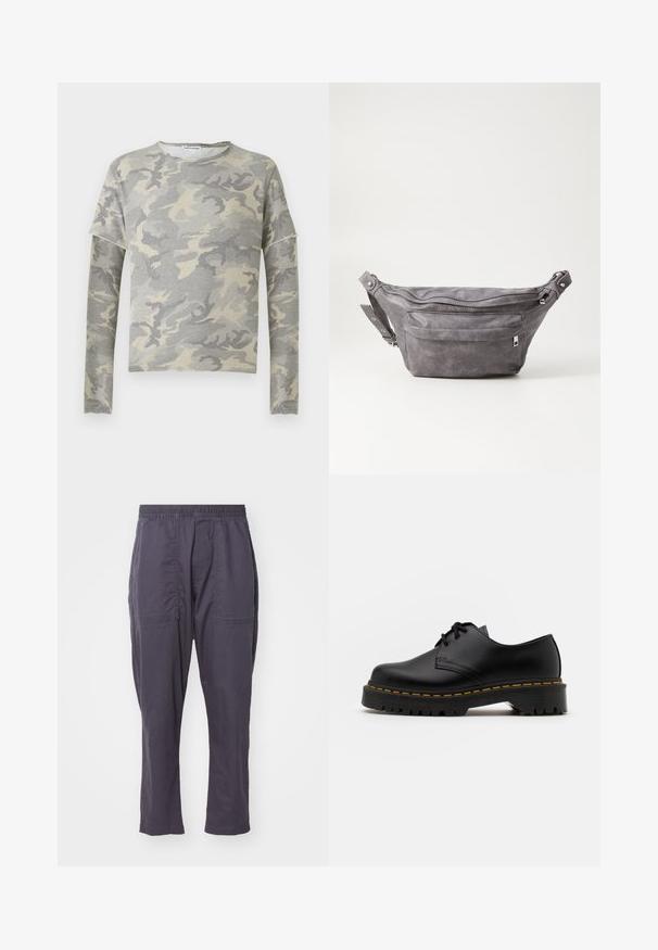 Pilkas kamufliažo sportinis džemperis su ilgomis rankovėmis, apvaliu kaklu ir šiek tiek nukritusiu pečių dizainu. Pagamintas iš minkštos medžiagos su lygiu paviršiumi.; Tamsiai pilki, lengvi kelnių su elastine juosta, dviem priekinėm kišenėm, tiesiomis kojomis ir lygia tekstūra.; Juoda odinė lakuota avalynė su apvaliu pirštu, tekstūruota gumine padu ir geltona siūlelių apdaila aplink bazę. Lygus dizainas ir glotnus paviršius.; Pilkas suedes fanny pack'as apvalios formos, su dviem užtraukiamais skyreliais ir reguliuojama diržele. Yra metaliniai aksesuarai.