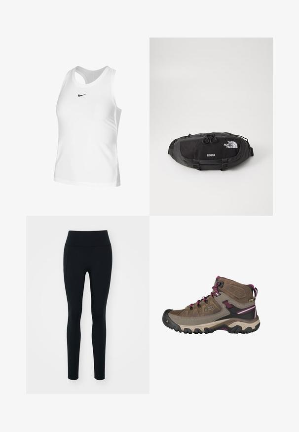 Fehér sportos ujjatlan felső sima anyagból, kerek nyakkal, nyitott hátrésszel és egy kis fekete Nike logóval a mellkason.; Fekete leggings rugalmas anyagból, magas derékkal. Simább textúra, feszes fazon, és nincsenek látható díszítések vagy minták.; Keen TARGHEE III MID WP - Hegyi túrabakancs - white/boysenberry; Fekete övtáska, tartós nylon anyagból készült, cipzáras zseb duplafogantyúval, kontrasztos fehér logóval és felirattal. Kompakt kialakítás, állítható pántokkal.