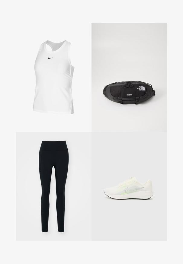 Bela atletska majica bez rukava, izdelana iz gladkega materiala, z okroglim izrezom, odprtim hrbtom in majhnim črnim logotipom Nike na prsih.; Črne legice iz elastičnega materiala z visokim pasom. Gladka tekstura, prilegajoča oblika in brez vidnih okraskov ali vzorcev.; Nike Performance DOWNSHIFTER 13 - Tekaški copati za cesto - sail/silver-coloured photon dust/summit white/barely volt/black; Črna pasna torba iz trpežnega najlona, z zadrgo na dvojno poteg in kontrastnim belim logotipom ter besedilom. Kompaktna zasnova z nastavljivimi trakovi.