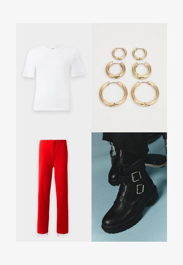 T-shirt à col rond blanc uni à manches courtes avec un ourlet droit et une étiquette GAP à l'intérieur du col sur un fond clair.; Pantalons rouges en tissu lisse et extensible. Dotés d'un devant plat avec une fermeture éclair dissimulée, des jambes droites et des cordons réglables au niveau des ourlets.; Bottes de cheville en cuir noir avec deux boucles de réglage, semelle texturée et bout rond. Conçues pour la durabilité et la stabilité.; Six paires de boucles d'oreilles en or en forme de créoles disposées par taille en deux colonnes sur un fond blanc, présentant un design lisse et imposant.