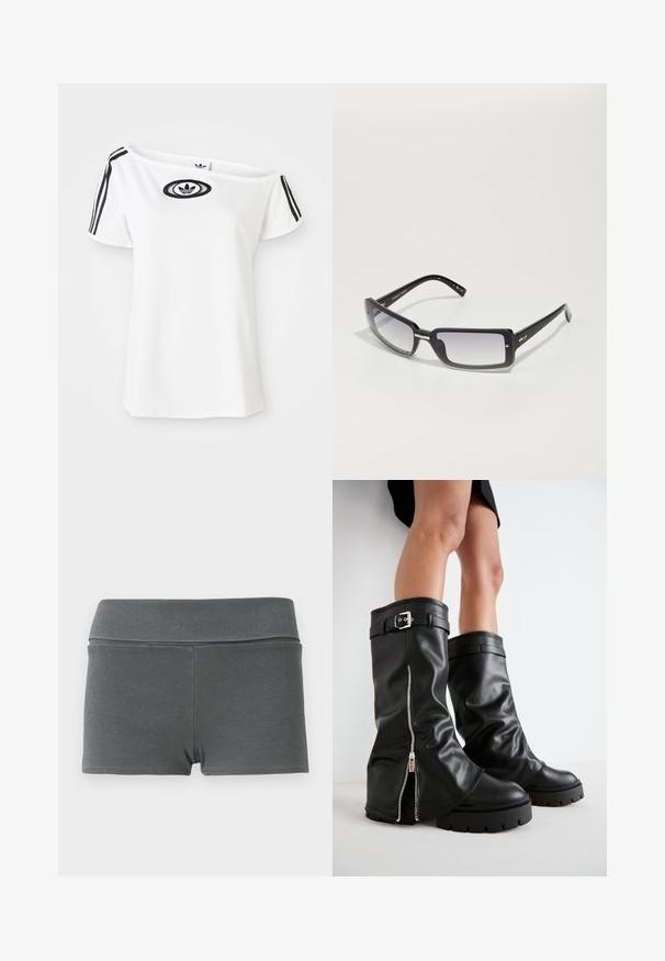 Weißes Off-Shoulder-T-Shirt mit schwarzem Adidas-Logo und drei schwarzen Streifen auf jedem kurzen Ärmel vor einem schlichten Hintergrund.; Rippstoffshorts in Dunkelgrau mit einem breiten Bund. Sie haben eine figurbetonte Passform, eine glatte Textur und keine sichtbaren Beschläge oder Akzente.; Schwarze Lederstiefel bis zum Knie mit weiter Schaftweite, seitlichem Reißverschluss und Schnallenakzent, strukturierter Oberfläche und robuster Gummisohle.; Schwarze rechteckige Sonnenbrille mit einem abgedunkelten Glas, ausgestattet mit einem dicken Rahmen und metallischen Akzenten an den Bügeln. Glatte Textur insgesamt.; Transparente Plastik-Geschäftstasche mit zwei klaren Griffen, die auf der Vorderseite neun runde metallische Akzente in einem Rastermuster anordnet.