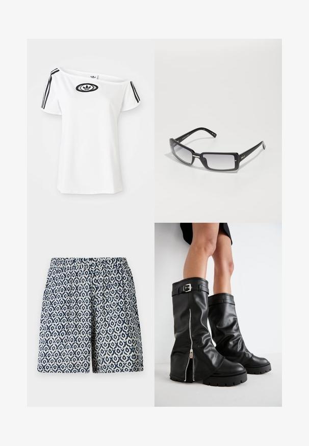 T-shirt bianca scollata con logo Adidas nero e tre strisce nere su ciascun manichetta corta, su uno sfondo semplice.; Bermuda a fantasia con un design geometrico blu navy e bianco, vita elastica, vestibilità classica, realizzate in un tessuto morbido e leggero.; Stivali alti neri in pelle con alti fianchi, dotati di cerniera laterale e accentuato con fibbia, finitura testurizzata e suola in gomma spessa.; Occhiali da sole rettangolari neri con lenti sfumate, dotati di un ampio telaio e dettagli in metallo sugli steli. Texture liscia su tutta la superficie.; Borsa tote in plastica trasparente con due manici chiari, caratterizzata da nove accenti metallici circolari disposti in un motivo a griglia nella parte anteriore.