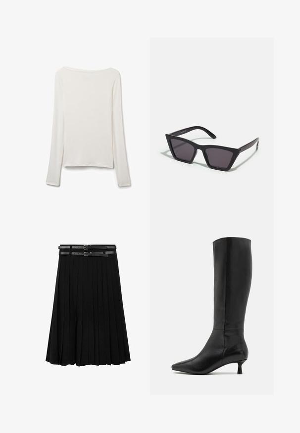 Haut à manches longues en tissu doux et blanc. Présente une encolure large, un ourlet droit et une texture lisse sans embellissements ni motifs visibles.; Jupe plissée noire avec deux sangles en cuir et boucles en argent à la taille. Fabriquée à partir d'un tissu lisse et fluide.; Zign Bottes - black; Lunettes noires angulaires avec des verres gris ; fabriquées en plastique, avec des branches épaisses à la surface lisse et sans matériel visible.; Sac à bandoulière en cuir noir avec une texture lisse, un dessus arrondi et une seule sangle. Doté d'une fermeture éclair et d'un design minimaliste.
