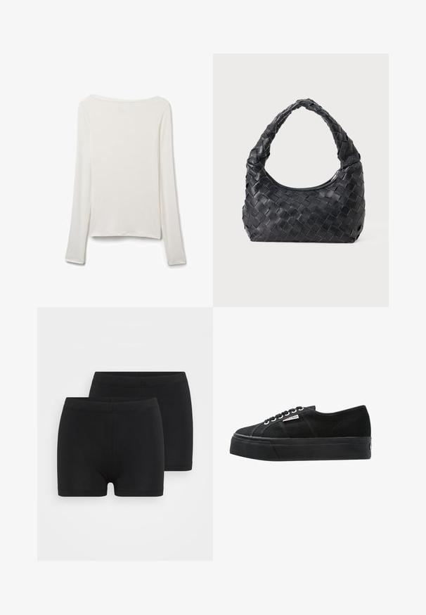 Maglietta a maniche lunghe in morbido tessuto bianco. Presenta un ampio scollo, orlo dritto e una texture liscia senza decorazioni o motivi visibili.; Pantaloni corti neri in cotone con vita elastica, caratterizzati da una superficie liscia e un design semplice e filante. Il pacco include due paia.; Superga 2790 LINEA UP AND DOWN - Sneakers basse - fullblack; Borsa a spalla intrecciata in pelle nera con manico rotondo e corpo a forma di mezzaluna su sfondo semplice.