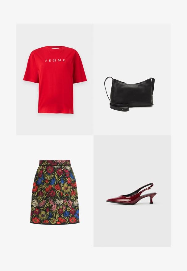 Rotes T-Shirt aus Baumwolle mit kurzen Ärmeln, auf dem die Worte "FEMME" in Weiß über die Brust gedruckt sind. Einfaches, lässiges Design.; Rock mit floralem Muster, der einen schwarzen Hintergrund hat und bunte Blumen in Rot, Blau, Pink und Grün zeigt, mit einem anliegenden Taillenbund und A-Linie.; Burgunderfarbene Lackleder Slingback-Absätze mit spitzem Zehenbereich und schlankem Stiletto-Absatz. Offenes Rückendesign mit verstellbarem Knöchelriemen.; Schwarze Ledertasche für die Schulter mit glatter Textur, geschwungener Form, verstellbarem Tragegurt und Reißverschluss. Minimalistisches Design ohne Verzierungen.; Set aus fünf goldenen Ohrringen mit unterschiedlichen Designs: gedrehte, gerillte und glatte Oberflächen in Creolen- und Halbmondformen.