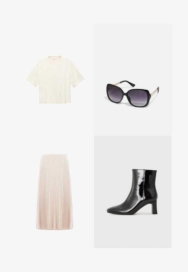 T-shirt corto a maniche corte in bianco sporco. Realizzato in tessuto morbido con scollatura rotonda e vestibilità comoda. Senza motivi visibili o dettagli in metallo.; Gonna midi plissettata di un color beige chiaro, realizzata in un tessuto liscio, con sottili pieghe verticali e una vita elastica.; Stivaletto in pelle verniciata nera con punta a punta e tacco a blocco di altezza media. Texture liscia e design minimalista.; Occhiali da sole neri oversize con lenti sfumate, montatura spessa e dettagli in catena dorata sulle astine.; Borsa nera con forma strutturata, texture liscia e una chiusura metallica. Abbinata a pantaloni neri larghi e sandali open-toe su un pavimento in legno.