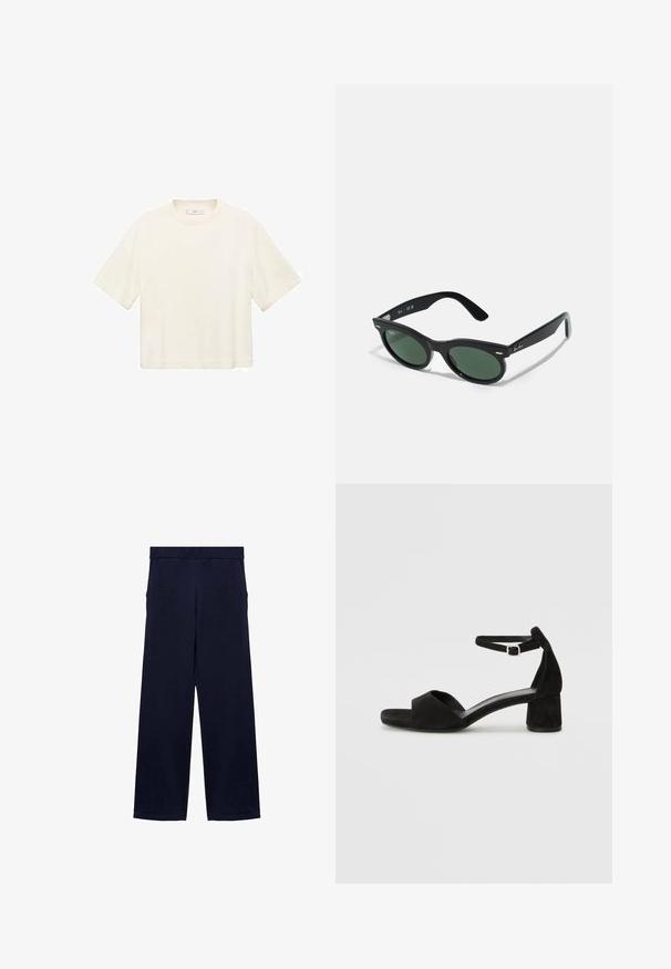 Kurzes, cropped T-Shirt in Off-White. Aus weichem Stoff mit Rundhalsausschnitt und lässiger Passform. Keine sichtbaren Muster oder Hardware-Details.; Mango Jogginghose - royal blue; Schwarze Wildleder-Espadrilles mit einem dünnen Knöchelriemen, offener Zehenpartie und moderatem Blockabsatz. Glatte Textur und minimale Akzente.; Schwarze Sonnenbrille mit grünen Gläsern, runde Form, Kunststoffrahmen, dezente silberne Akzente und eine glatte Textur. Markenlogo am Bügel.; Braune Wildleder-Schultertasche mit einer geschwungenen Silhouette, einem glatten Ledergriff und Details aus goldfarbenem Metall. Minimalistisches Design mit nahtlosen Kanten.