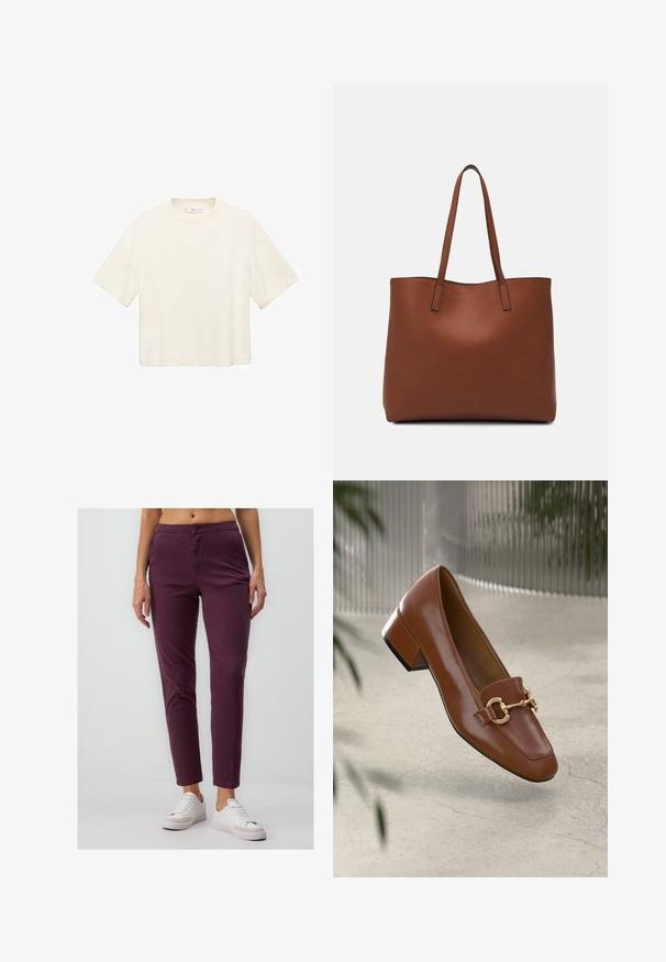 Koszulka krótko rękawowa, krótka w kolorze off-white. Wykonana z miękkiej tkaniny, z okrągłym dekoltem i luźnym krojem. Brak widocznych wzorów lub elementów sprzętowych.; Bordowe spodnie slim-fit z bawełny, z zapięciem na guzik, kieszeniami z przodu i skróconą długością, połączone z białymi sneakersami.; Brązowe lakierowane mokasyny z kwadratowym noskiem, metalowym łańcuszkiem i niskim blokowym obcasem; gładka faktura, minimalistyczny design.; Brązowa skórzana torba tote o gładkiej fakturze, z otwartym wierzchem i dwoma ramiączkami. Charakteryzuje się minimalnym przeszyciem i brakiem widocznych elementów metalowych.