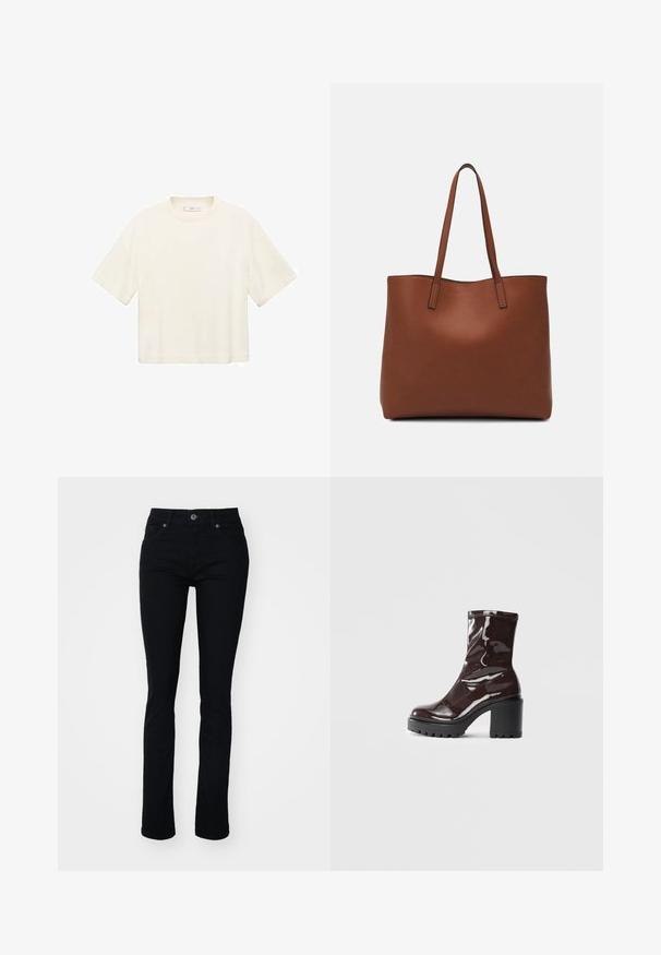 Tricou scurt, cu mânecă scurtă, croppat, de culoare albă murdară. Fabricat dintr-un material moale, cu decolteu rotund și croială lejeră. Fără modele vizibile sau detalii hardware.; Jeans din denim negru, cu croi slim, design cu cinci buzunare, fermoar și închidere cu buton. Textură netedă și ușor elastică pentru confort.; Botine lucioase burgundy, cu toc gros negru, având o textură netedă și un design simplu. Fără închideri sau modele vizibile.; Geantă de umăr din piele maro cu o textură netedă, design cu vârf deschis și două curele pentru umăr. Prezintă cusături minime și fără componente metalice vizibile.