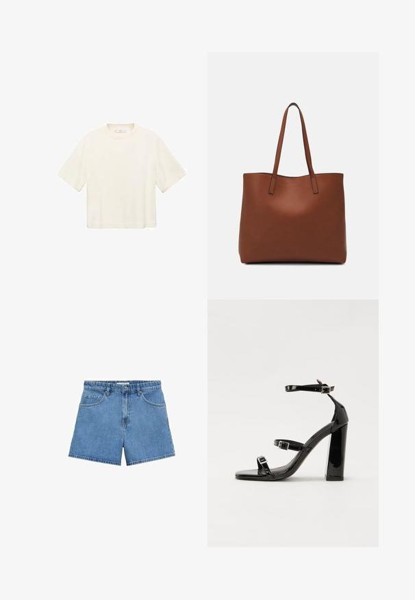 Korte mouwen, cropped t-shirt in off-white. Gemaakt van zachte stof met een ronde halslijn en een relaxte pasvorm. Geen zichtbare patronen of hardwaredetails.; Lichtblauwe denim shorts met een hoge taille, vijf zakken en een knoopsluiting. Rechte snit met een schone zoom.; Zwarte gepatenteerde sandalen met hak en een vierkante neus, enkelbandjes en zilveren gespen. Heeft een stevige blokhak voor stabiliteit.; Bruine leren tote bag met een gladde textuur, een ontwerp met een open bovenkant en twee schouderbanden. Kenmerkt zich door minimale stiksels en geen zichtbare hardware.