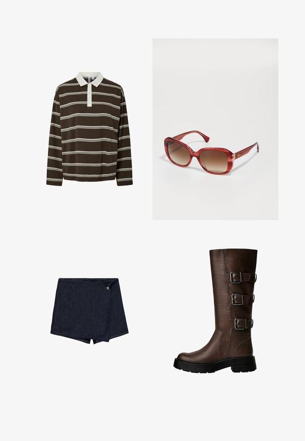 Brun langærmet polo-skjorte med horisontale hvide striber, en kontrast-hvid krave og en tre-knap lukning. Blød stofstruktur.; Mørke denim shorts med en omslagsdesign og en knap foran. Har en ren kant og en glat tekstur.; Brune læderknæstøvler med tre metalliske spænder, struktureret overflade, rund tå og chunky sål for stabilitet.; Røde oversized solbriller med gradient brune linser. Glat plastikstel med subtile striber, guld logo accent på stængerne.