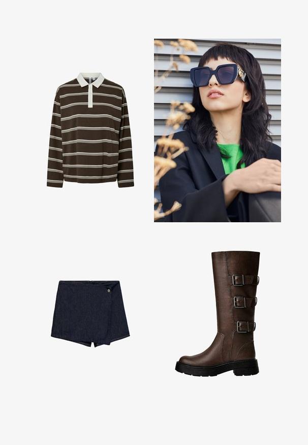 Hnědá polokošile s dlouhým rukávem, která má horizontální bílé pruhy, kontrastní bílý límec a tříknoflíkovou légu. Měkká textura materiálu.; Tmavé džínové kraťasy s překládaným designem a předním knoflíkovým detailem. Mají čistý lem a hladkou strukturu.; Hnědá kožená vysoká bota po kolena se třemi kovovými sponami, texturovaným povrchem, zaoblenou špičkou a robustní podrážkou pro stabilitu.; Příliš velké černé sluneční brýle s tlustým rámem a zlatým akcentem, nošené s černým sako a jasně zelenou košilí, na horizontálním pozadí.; Hnědá kožená kabelka hobo s volným designem a hladkým povrchem. Nositelná neformálně modelem, s velkým otvorem a zaobleným tvarem.