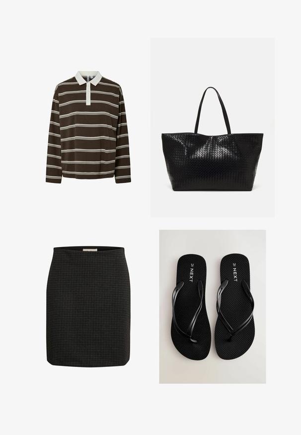 Polo shirt marron à manches longues avec des rayures blanches horizontales, un col blanc contrastant et une patte de boutonnage à trois boutons. Texture de tissu douce.; Jupe à motif pied-de-poule noir avec un design ajusté, une silhouette droite et une texture lisse. Présente une taille pour un confort supplémentaire.; Tongs noires avec des semelles texturées et des fines brides. Présentent le logo "NEXT" et des marquages de taille sur la semelle intérieure. Design simple et plat.; Sac fourre-tout tissé noir avec deux poignées robustes, présentant une texture brillante et un design à ouverture spacieuse.