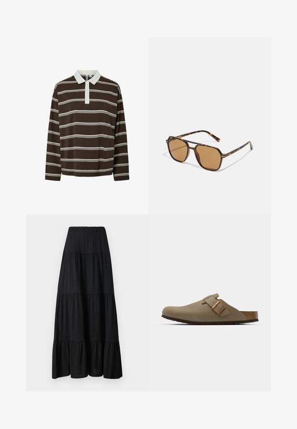 Rjava polo majica z dolgimi rokavi, obdarjena s горизонталnimi belimi črtami, kontrastnim belim ovratnikom in plaketom s tremi gumbi. Mehka tekstura tkanine.; Črna maxi krila s tiered obliko in nabranim pasom, ki se lepo spušča ter ima gladko teksturo. vsebuje tri različne plasti tkanine.; Rjave klompice z gladko, matirano površino. Na strani imajo izrazit bronast sponko. Korkov vložek in gumijast podplat za udobje.; Sončna očala rjave barve s okvirjem iz želve, pravokotnimi lečami in ozkimi ročaji z oranžno poudarjeno vzorcem.; Črna hobo torba iz gladkega materiala, ki spominja na usnje, s prepletenim ročajem, ki ima mehak, zaobljen obliko in zgornje zadrgo.