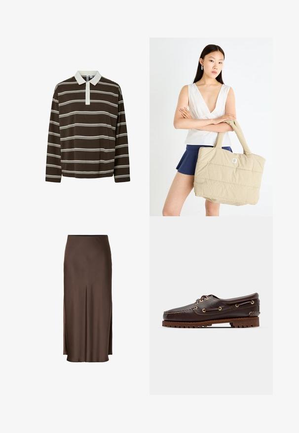 Rjava polo majica z dolgimi rokavi, obdarjena s горизонталnimi belimi črtami, kontrastnim belim ovratnikom in plaketom s tremi gumbi. Mehka tekstura tkanine.; Rjava satenasta krilo s ravno obliko, ki vključuje stranske razpoke za enostavno gibanje in gladko teksturo po celotni tkanini.; Rjave usnjene čolnarske čevlje z zlatimi očesi, okroglicami in teksturiranim rjavim gumijastim podplatom. Ima šivano podrobno obdelavo in dvignjen logotip.; Bežna prešita torebka s podloženim teksturo in trdnimi ročaji, na sprednji strani s prikazanim majhnim logotipom. Model nosi belo majico in mornarsko modro krilo.