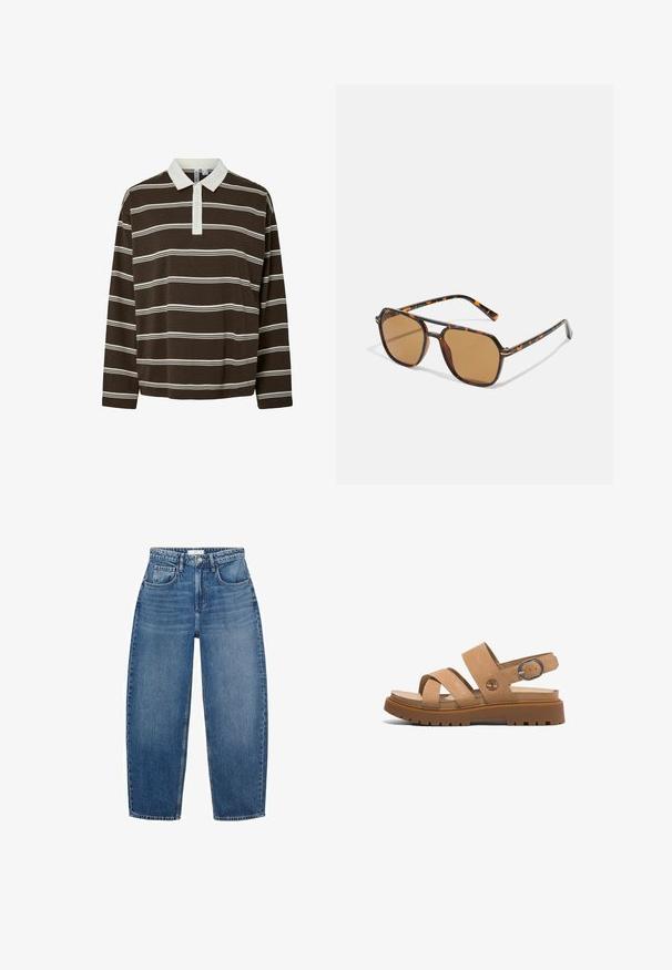 Ruskea pitkähihainen polo-paita, jossa on vaakasuoria valkoisia raitoja, kontrastivalkoinen kaulus ja kolmen napin nappilista. Pehmeä kangas.; Korkeavyötäröiset siniset farkut suoralla lahkeella, joissa on viisi taskua, vyölenkit ja hienovarainen kuluminen tekstuurin lisäämiseksi.; Ruske nahkasaappaat kahdella leveällä hihnalla, takahihna metallisoljella ja paksulla kumipohjalla, jossa on teksturoitu kuvio.; Ruskean sävyiset aurinkolasit, joissa on kilpikonnakuorimallinen kehys, suorakulmaiset linssit ja hoikat varret, joissa on oranssi korostuskuvio.