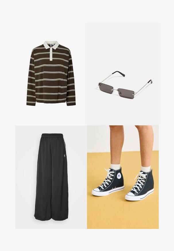 Brun langermet polo skjorte med horisontale hvite striper, en kontrasterende hvit krage og en tre-knappers placket. Myk stofftekstur.; Svarte, løstsittende joggebukser laget av glatt stoff. Har elastisk midje og sidestriper med logo-aksenter.; Høye sneakers i mørkeblå lerret med hvite gummisåler, snøring og detaljer. Har et sirkulært logo og hvite sømdetaljer.; Solbriller med rektangulære, mørkegrå linser, sølvfargede metallrammer og svarte plasttupper på armene. Lett design med nesepuder.; Grå teksturert håndveske med polstret håndtak, nettingdetaljer, justerbar stropp og en frontlås. Kompakt design med rund form.