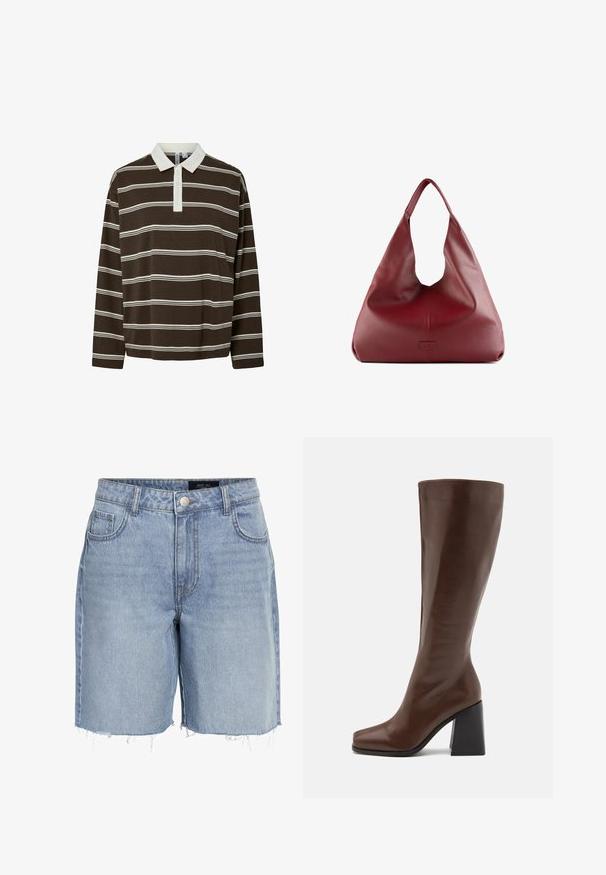 Brązowa polo z długim rękawem, z poziomymi białymi paskami, kontrastowym białym kołnierzykiem i zapięciem na trzy guziki. Miękka faktura materiału.; Jasnoniebieskie szorty dżinsowe z wysokim stanem, pięcioma kieszeniami, postrzępionym dołem i klasycznym zapięciem na guzik. Wykonane z miękkiego, teksturowanego materiału.; RAID RENZO brązowy; Czerwona skórzana torebka hobo o szerokim, luźnym kształcie i dużym otwarciu, z subtelną teksturą i wytłoczonym logo z przodu.