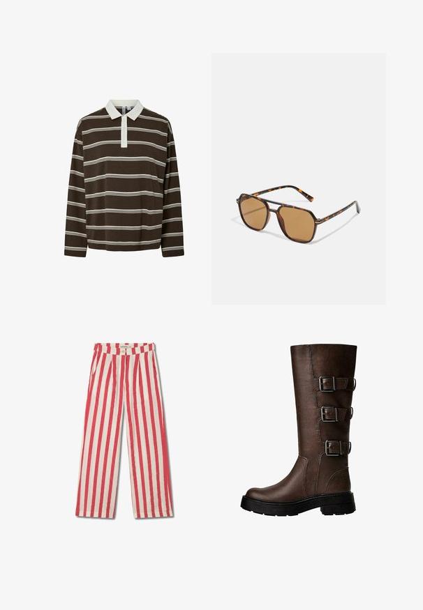 Polo shirt marron à manches longues avec des rayures blanches horizontales, un col blanc contrastant et une patte de boutonnage à trois boutons. Texture de tissu douce.; Pantalons à larges tailles rayés rouges et blancs, avec une fermeture à bouton, des plis et des poches latérales. Fabriqués en un tissu léger.; Botte en cuir marron jusqu'au genou avec trois boucles métalliques, surface texturée, bout rond et semelle épaisse pour la stabilité.; Lunettes de soleil teintées de brun avec une monture en écaille de tortue, des verres rectangulaires et des branches fines ornées d'un motif d'accent orange.; PULL&BEAR SHOPPER - Cabas - grey