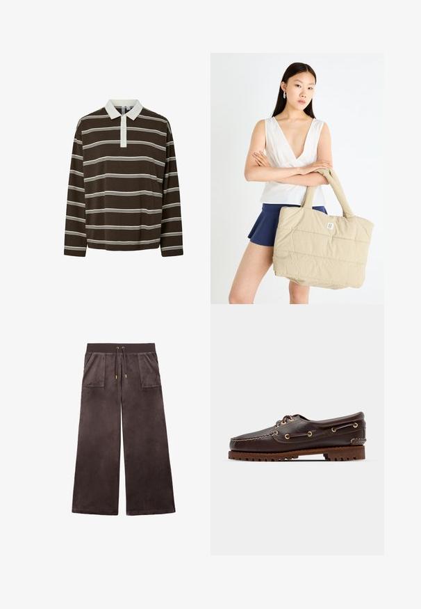 Brown long-sleeve polo shirt featuring horizontal white stripes, a contrast white collar, and a three-button placket. Soft fabric texture.; Brown wide-leg pants made of soft fabric, featuring a stretchy waistband, drawstring, and two front pockets.; Brown leather boat shoe with gold eyelets, round laces, and a textured brown rubber sole. Features stitched detailing and a raised logo.; Beige quilted tote bag with padded texture and sturdy handles, featuring a small logo on the front. Model wearing a white top and navy skirt.
